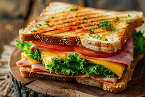 Toast sandwich with cheese, turkey ham, tomato and fresh lettuce on wooden back, a Food & Drink Photo by AlyaAnd