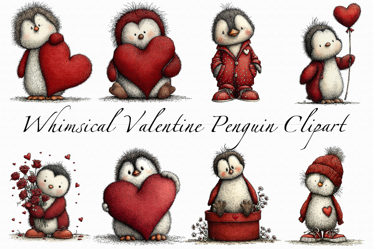 Whimsical Valentine Penguin Clipart, an Illustration by Libby Wishes (Photo 5 of 6)