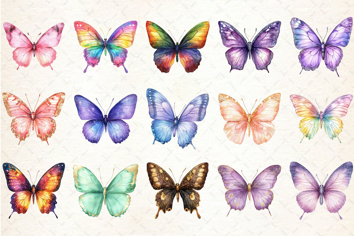 Watercolor Glitter Butterfly Clipart, an Illustration by Rose Art (Photo 2 of 7)