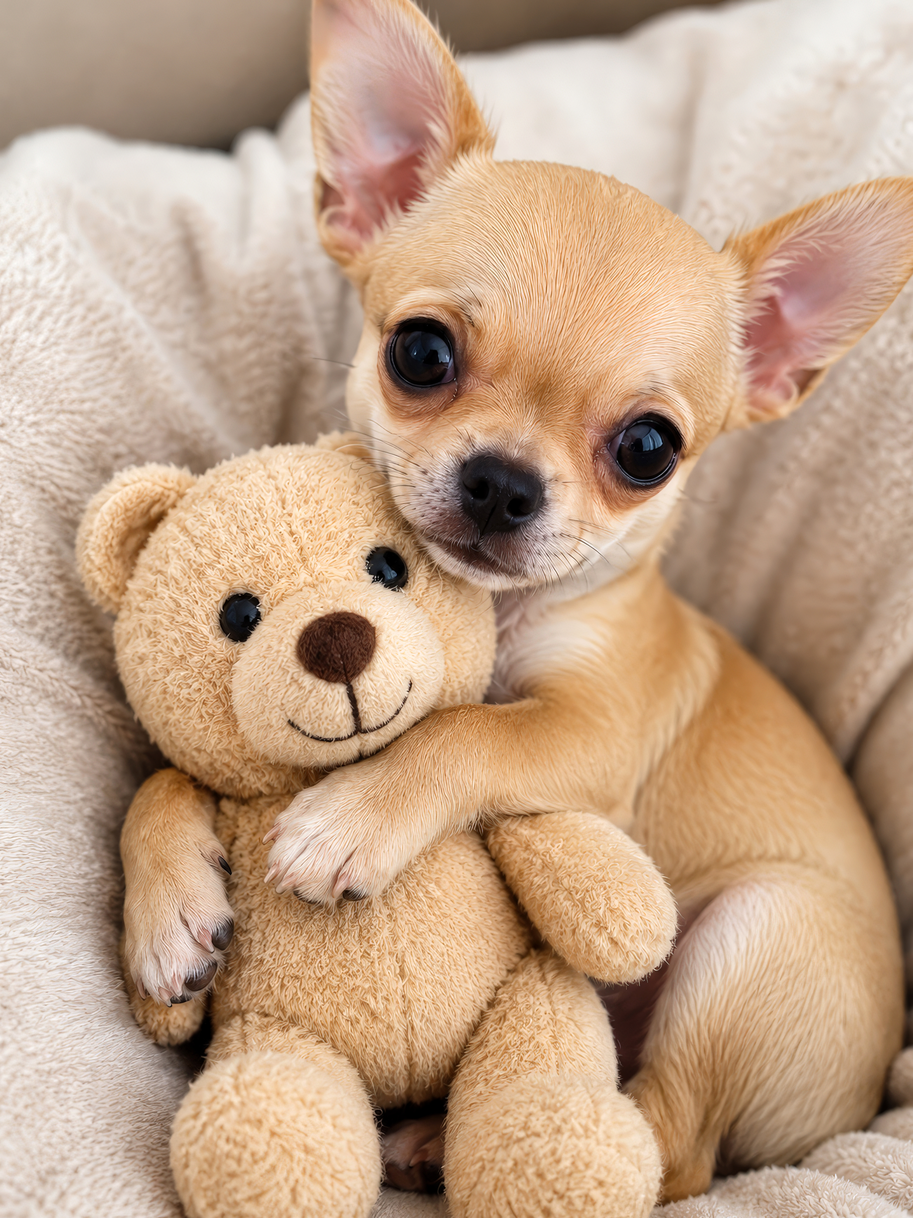 Chihuahua Hugging Teddy Bear, an Animal Photo by Hamza067