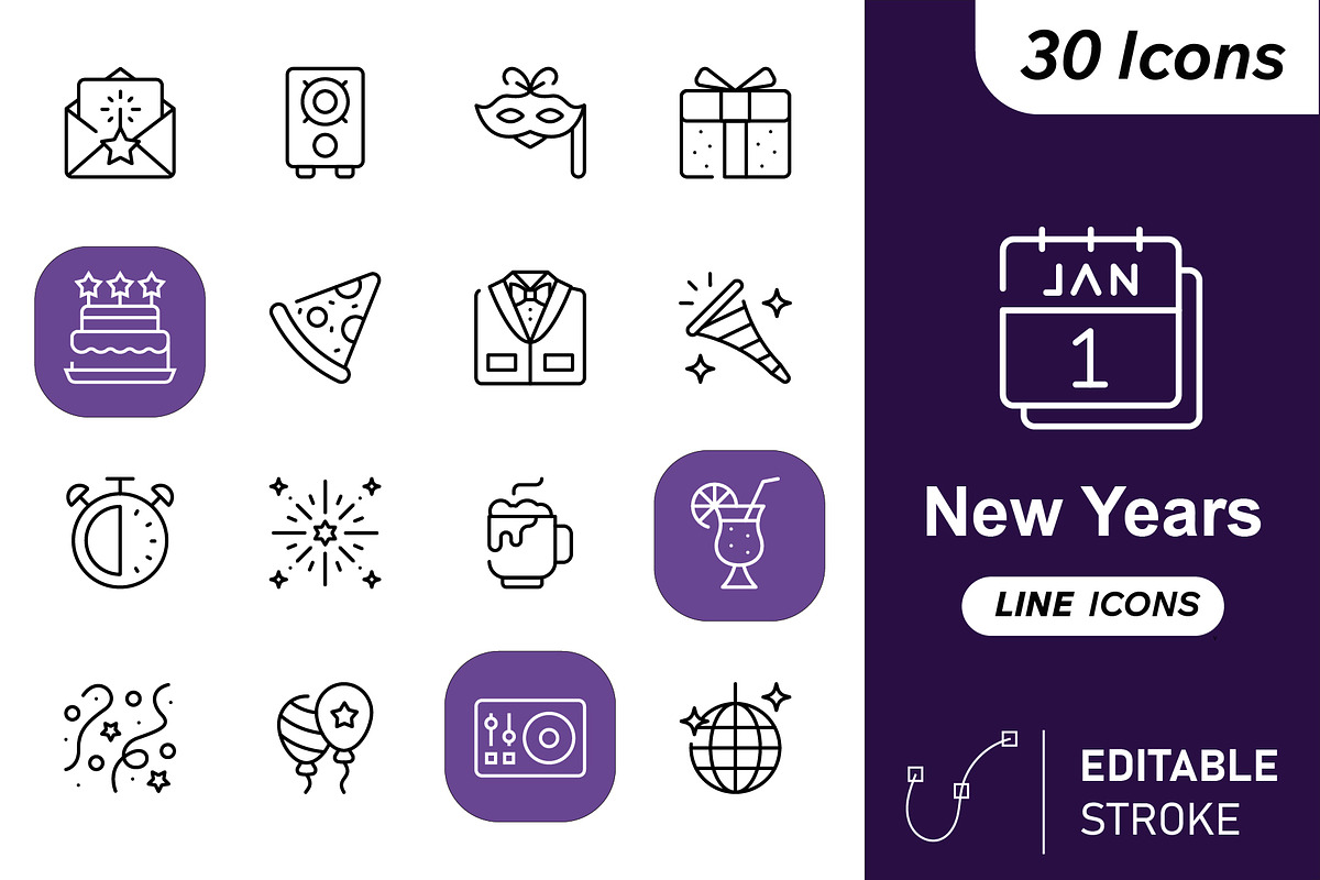 New Year Line Icons Set, an Outline Icon by Adl Studio (Photo 1 of 4)