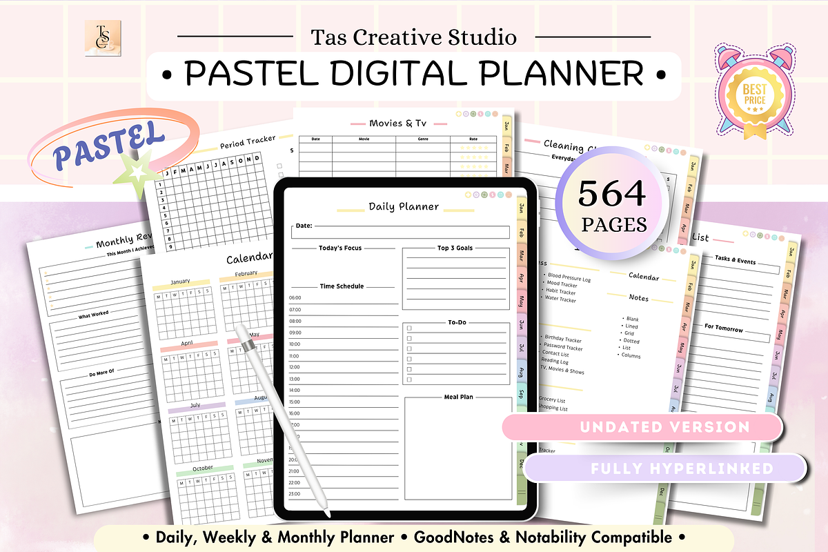 Pastel Digital Planner ( 564 Pages ), a Stationery Template by Tas Creative Studio (Photo 2 of 8)