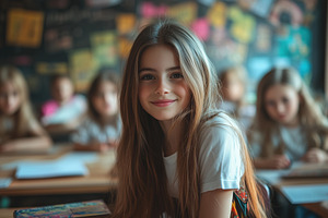Teacher organizer. A young girl with long hair smiles at the camera in a classr, a Person Photo by Textures & Backgrounds