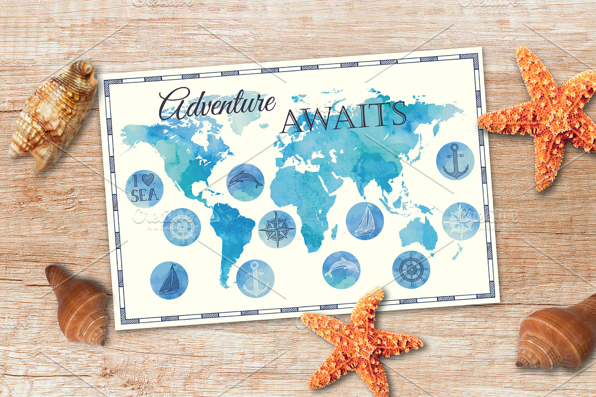 Watercolor World: map and icons, a Wallpaper Graphic by Fortuna Venit (Photo 6 of 6)