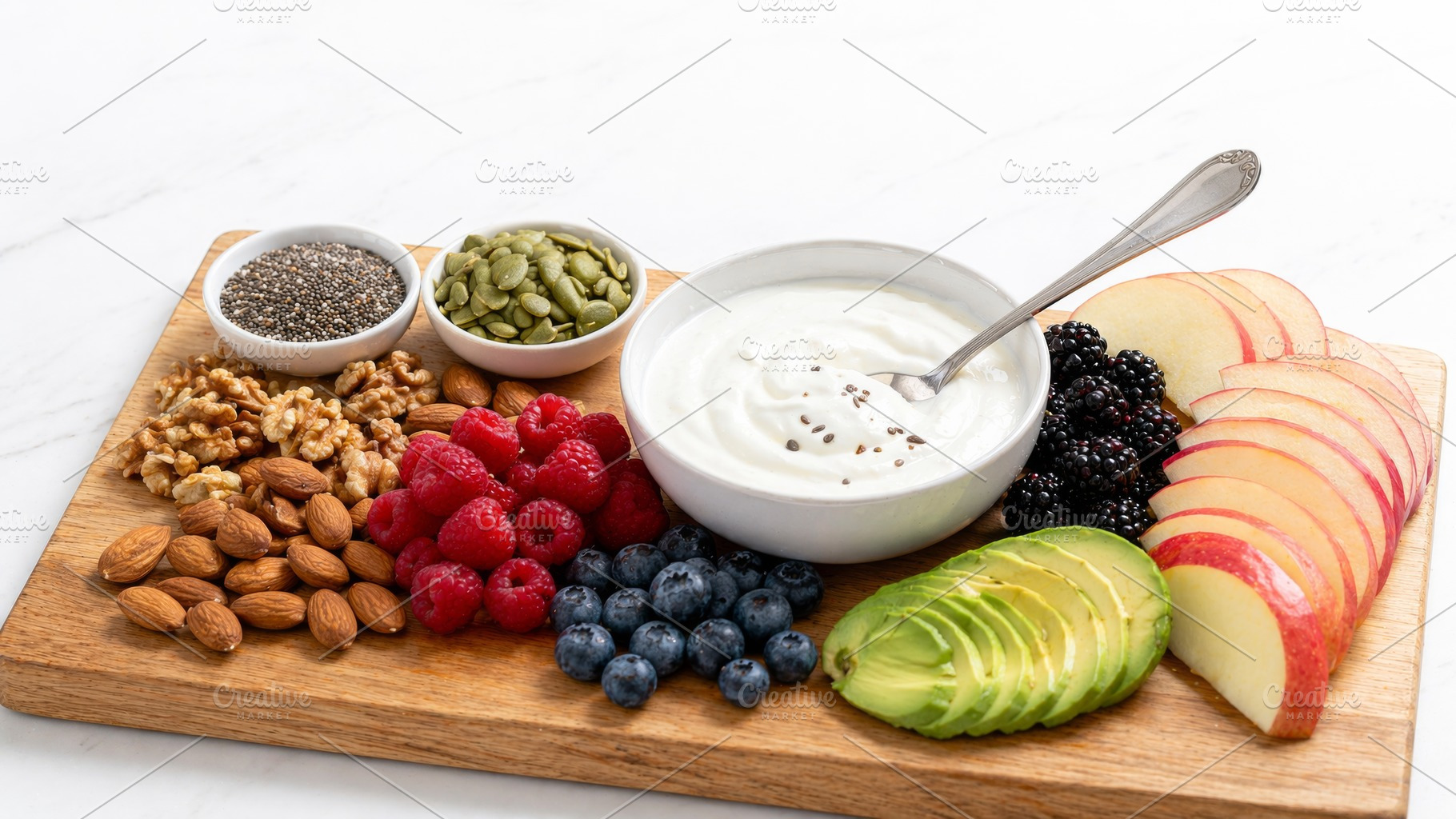 Breakfast grazing board with yogurt,, a Photo by Dvoevnore photos