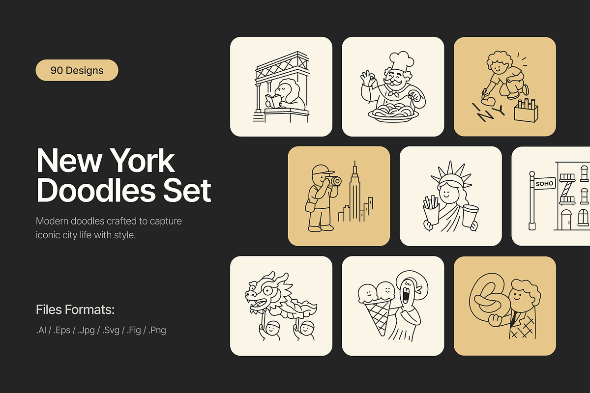 90 New York Hand-Drawn Doodles, an Outline Icon by Prosymbols (Photo 1 of 10)