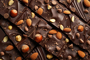 Background of sweet chocolate pieces with hazelnuts and almonds, a Food & Drink Photo by AlyaAnd