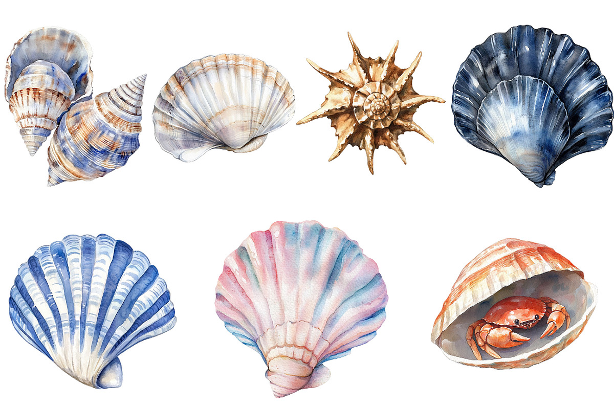 Watercolor Seashell Clipart Bundle, an Illustration by Pixels.Craft (Photo 5 of 7)