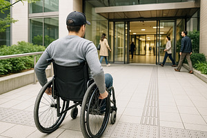 Man in wheelchair approaching buildi, a Photo by Dvoevnore photos