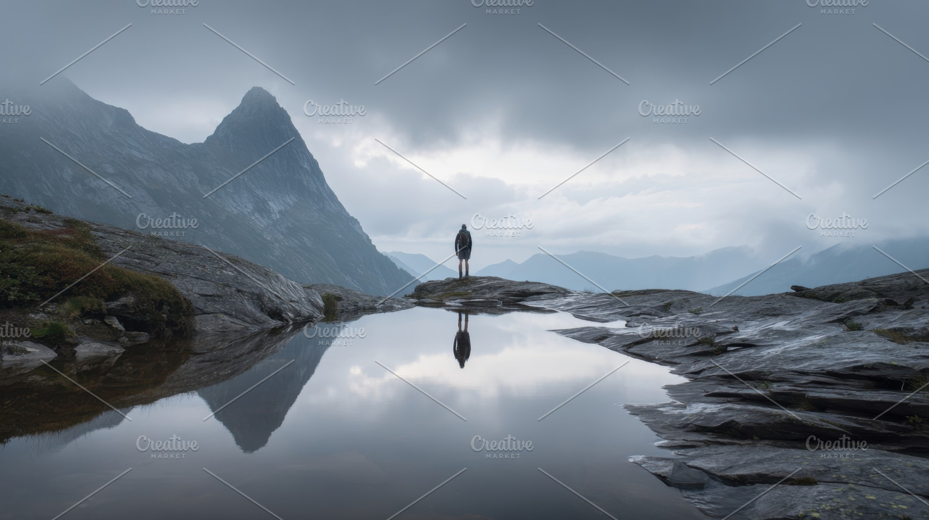 Man stands by tranquil mountain lake, a Photo by Beautiful things