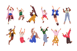 Happy girls jumping with joy set, a Person Illustration by Good Studio