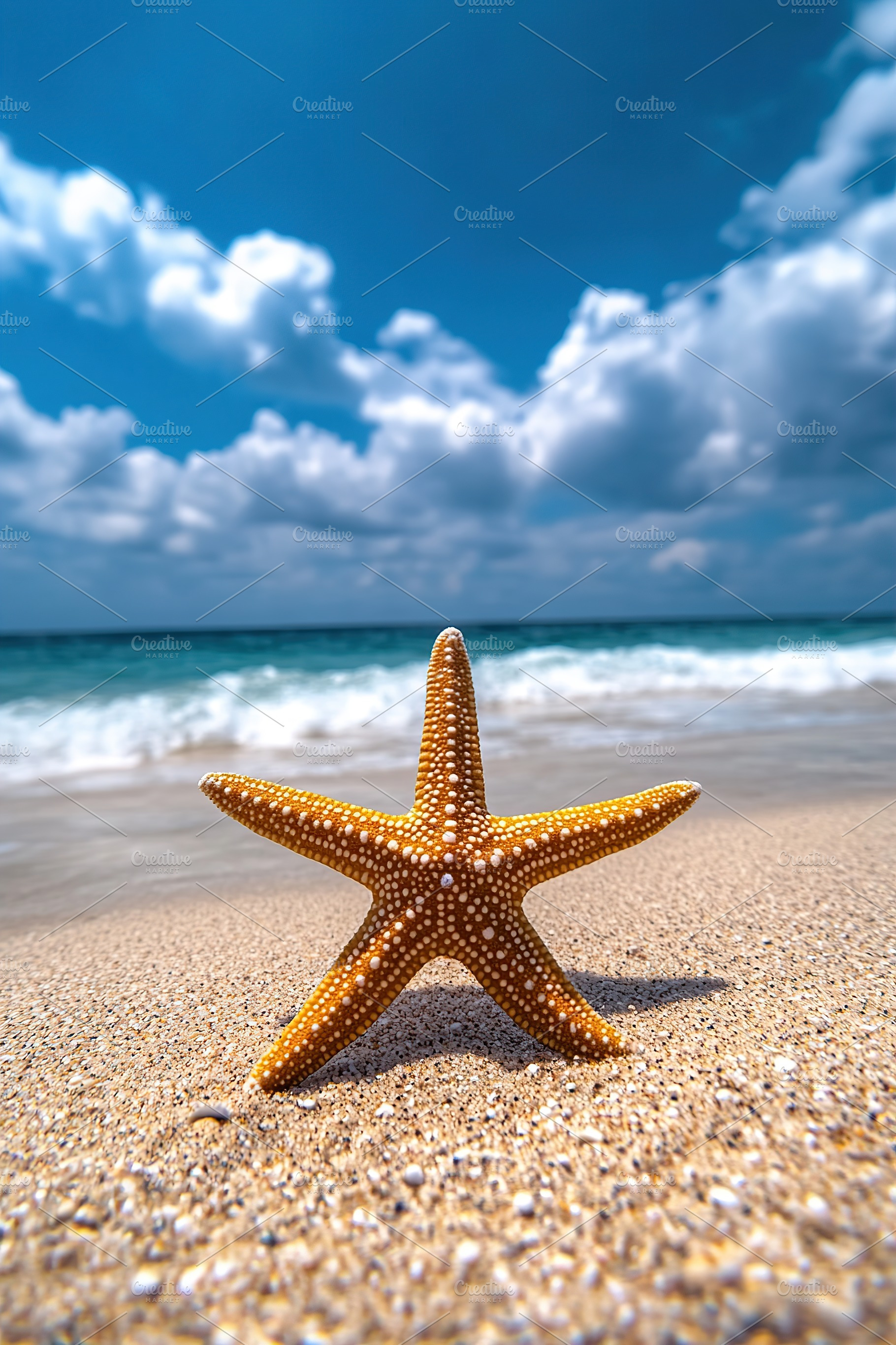 Starfish perched on sandy beach with waves and clouds in the background, an Animal Photo by AlyaAnd
