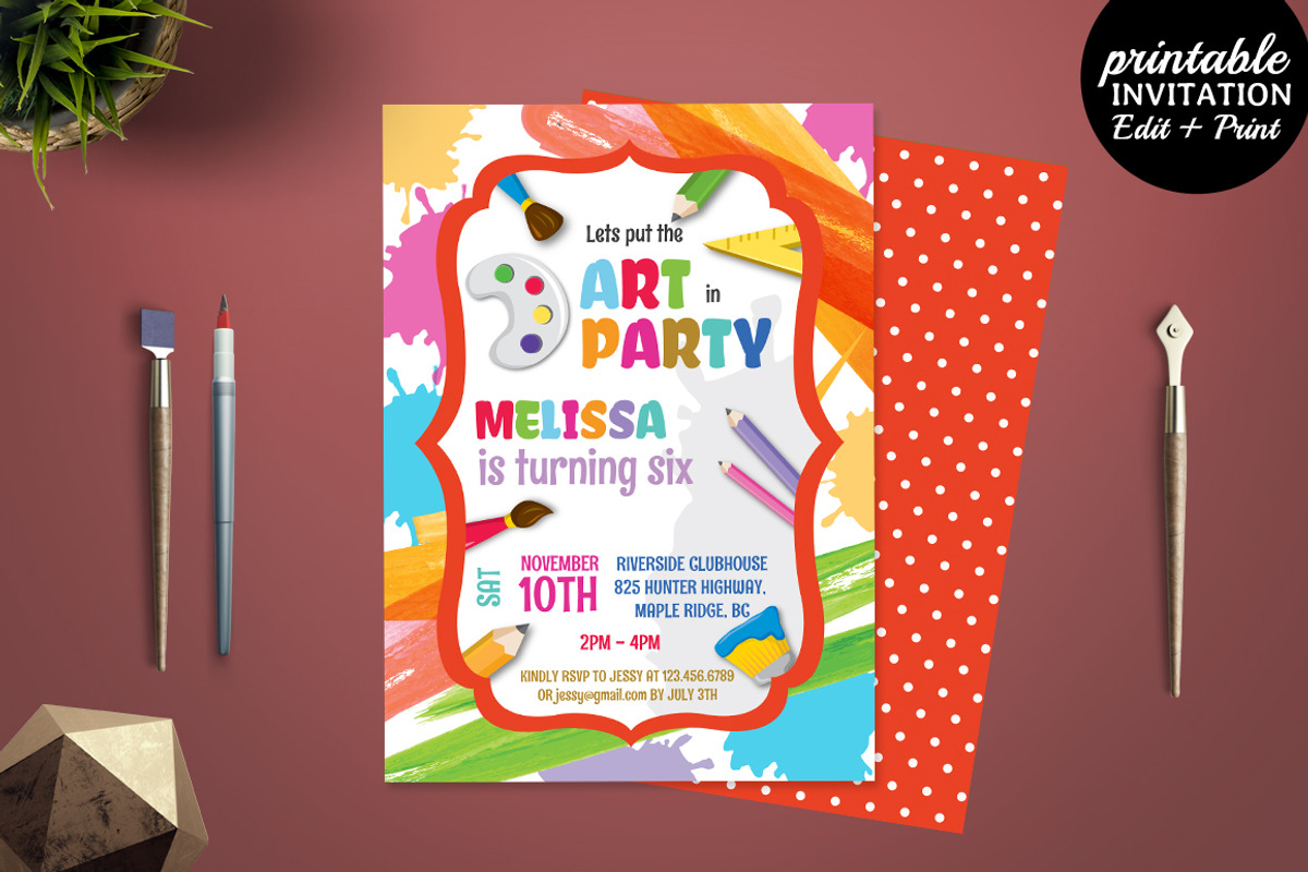 Art Party Birthday Invitation, an Invitation Template by Blush Roses Print