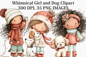 Whimsical Girl and Dog Clipart, an Illustration by Canvas Craft
