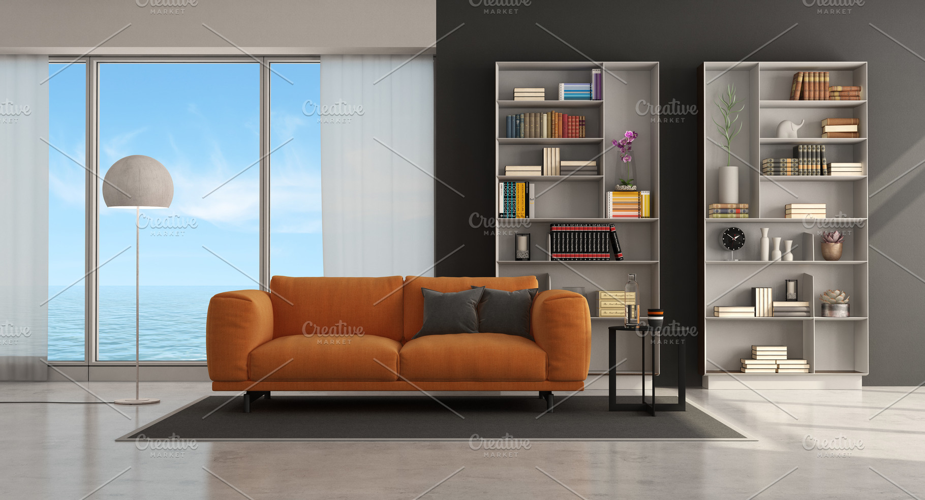 Moder living room with sofa and book, an Architecture Photo by Archideaphoto