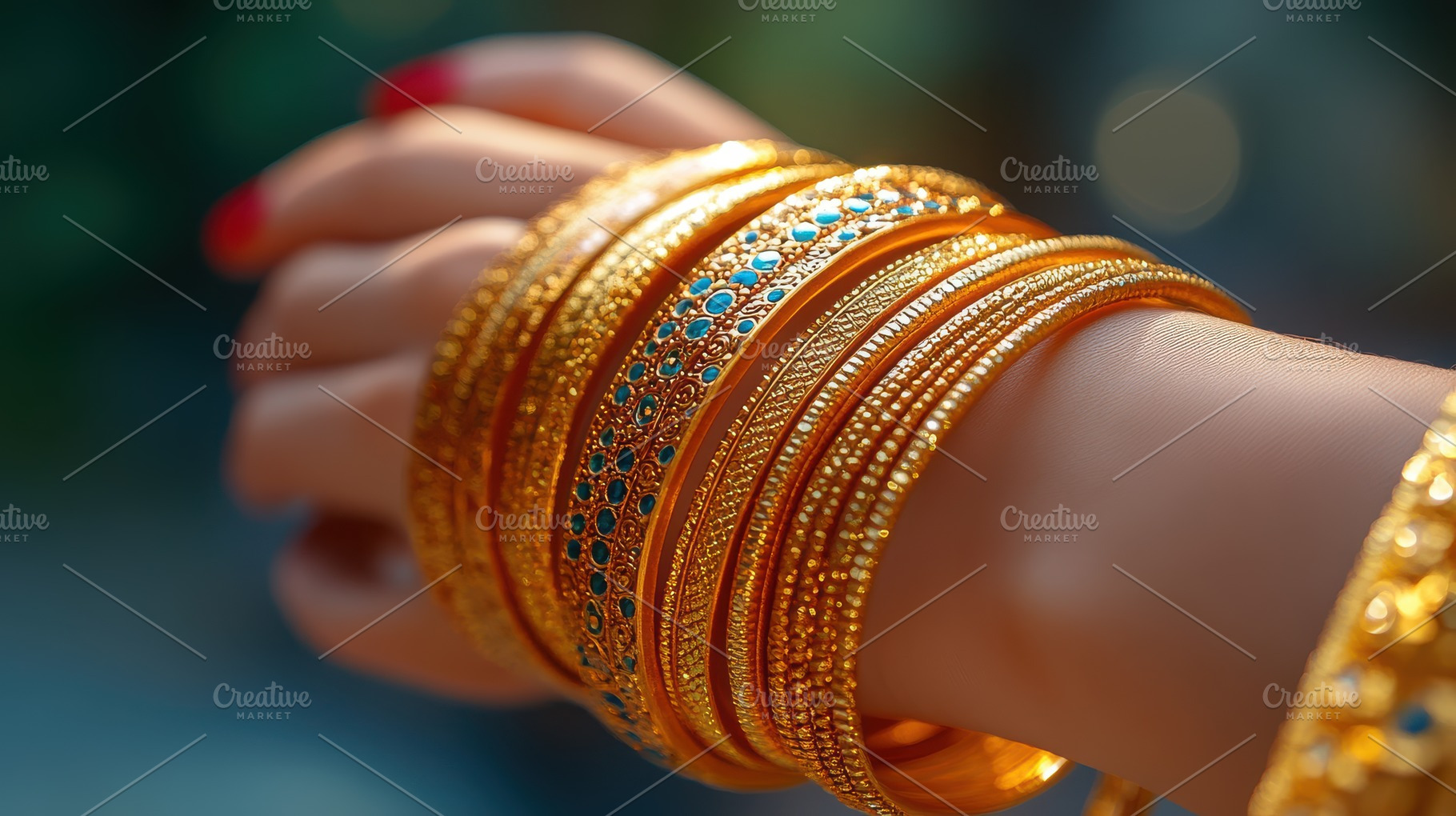 Golden Bangles: A stack of intricate, a Beauty & Fashion Photo by Pixeness Studio