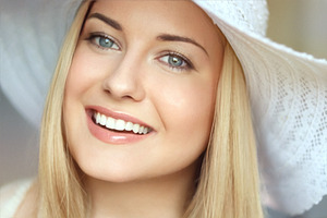Summer skincare and white teeth, blonde woman in beach sun hat s, a Person Photo by Anneleven