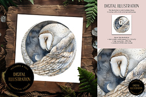 Barn Owl In Moon Circle Illustration, an Animal Illustration by The Dutch Lady Designs