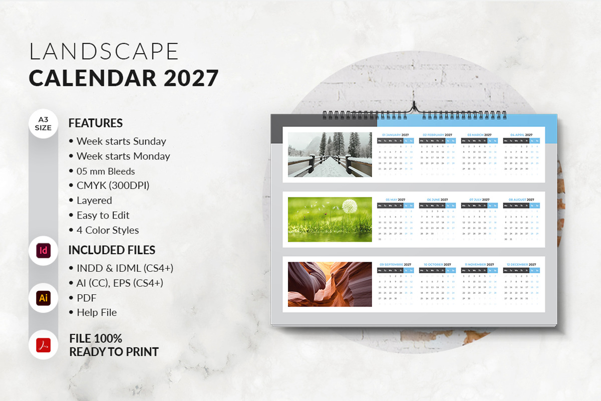 Landscape A3 Calendar 2027, a Stationery Template by MstArtwork (Photo 6 of 8)