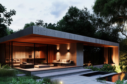Modern Forest House with Warm Lighting and Concrete Design, an Abstract Photo by Natalia Klenova's Shop