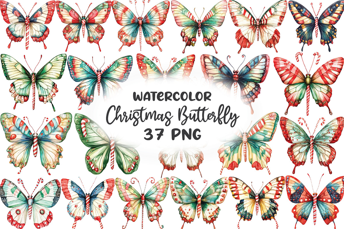 Watercolor Christmas Butterfly Clipa, an Illustration by CraftArtStudio (Photo 1 of 6)