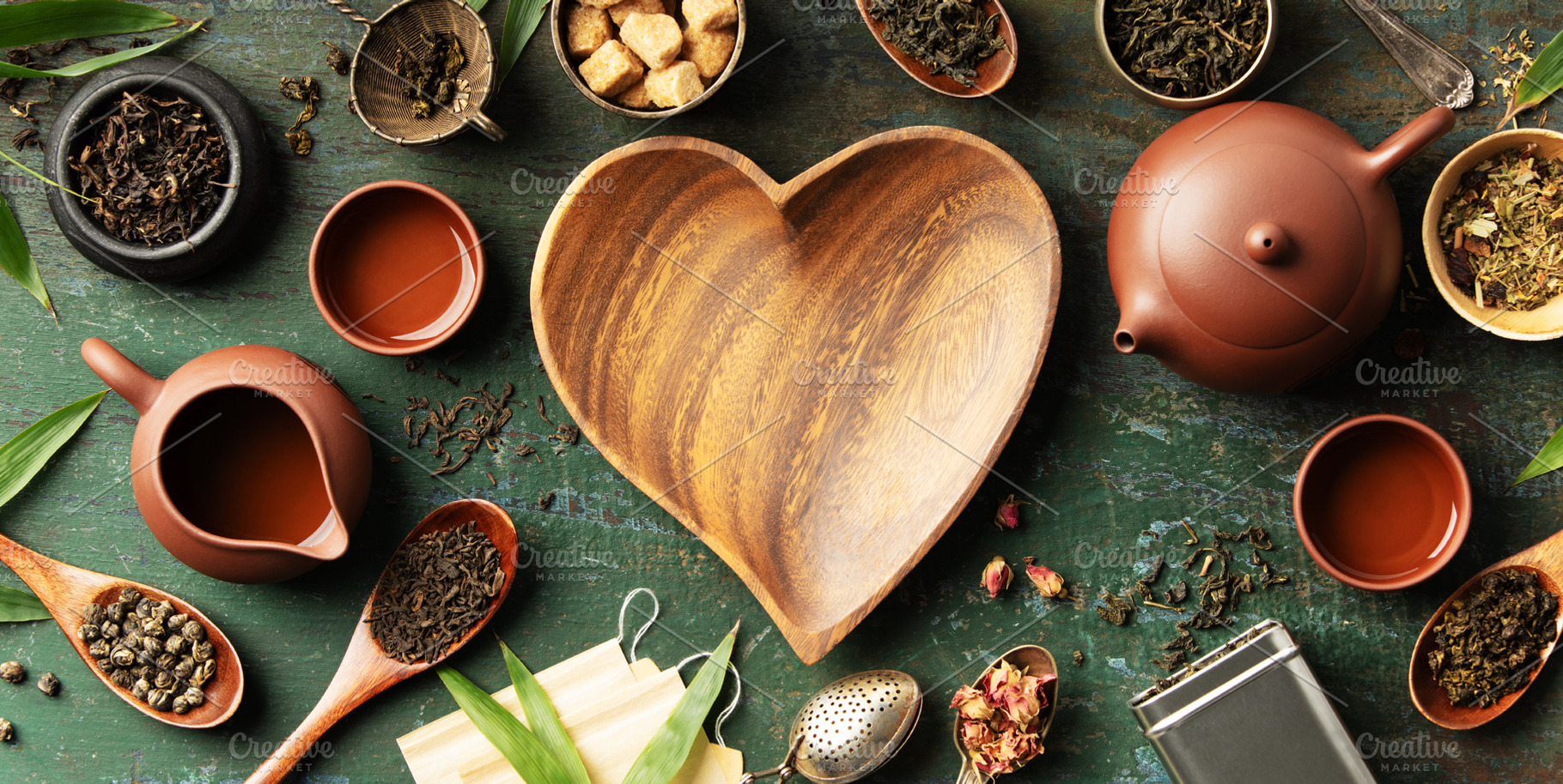 Heart-Shaped Bowl with Teaware and Tea Leaves on Rustic Backgrou, a Food & Drink Photo by Natalia Klenova's Shop