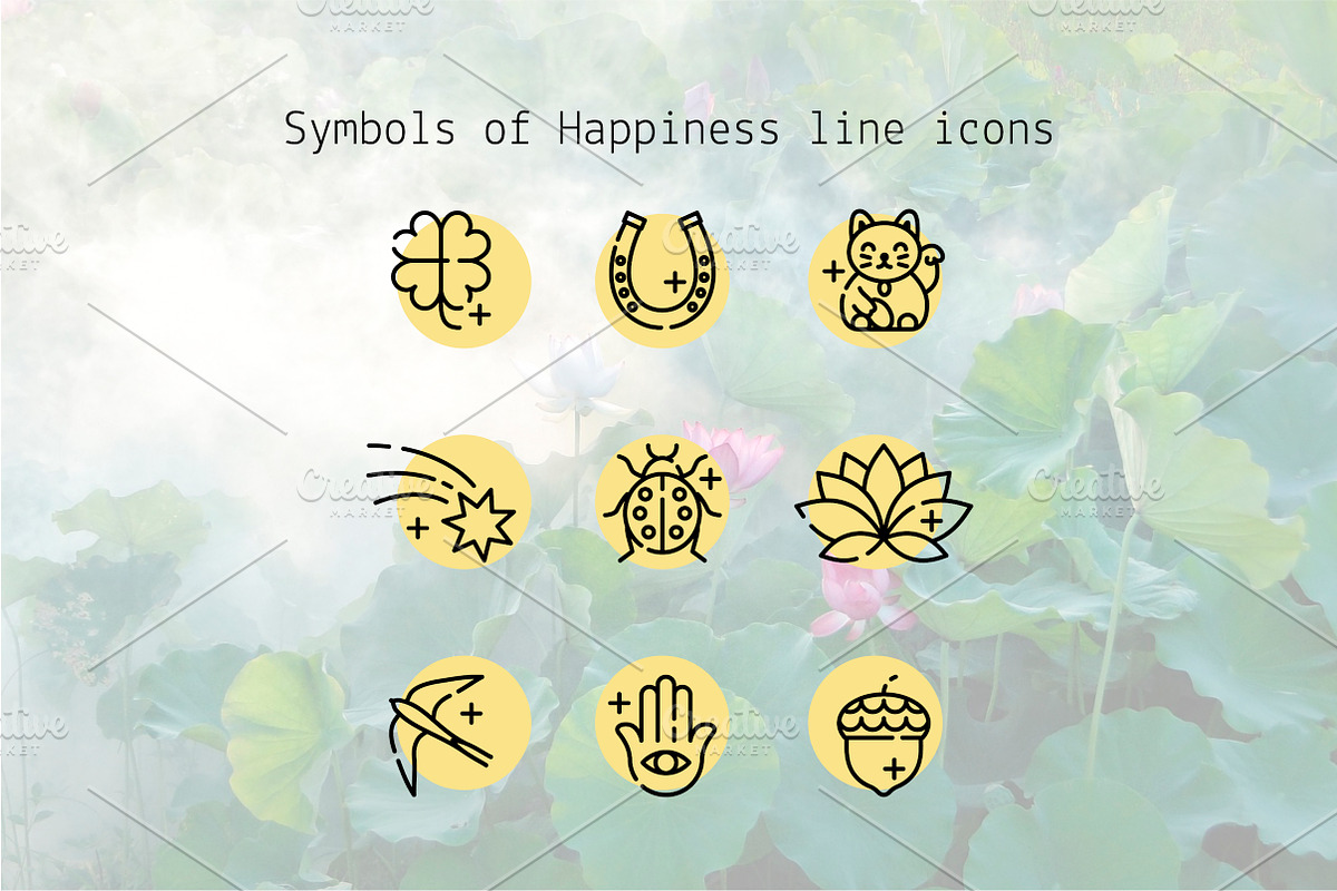 Symbols of Happiness Line Icons, an Outline Icon by Lyolya Profitrolya (Photo 1 of 2)