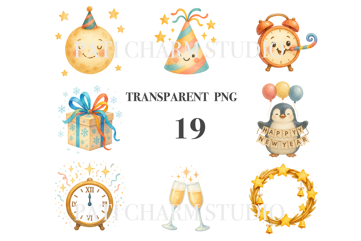 19 New Year Watercolor Clipart, a Decorative Illustration by Pati Charm Studio (Photo 3 of 8)