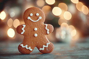 Christmas gingerbread man cookie on blurred lights background, a Food & Drink Photo by AlyaAnd