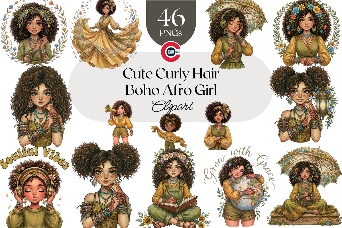 Cute Curly Hair Boho Afro Girls, a Person Illustration by C-Kav (Photo 1 of 14)