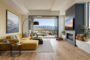 Modern living room with mountain vie, a Photo by Pixeness Studio