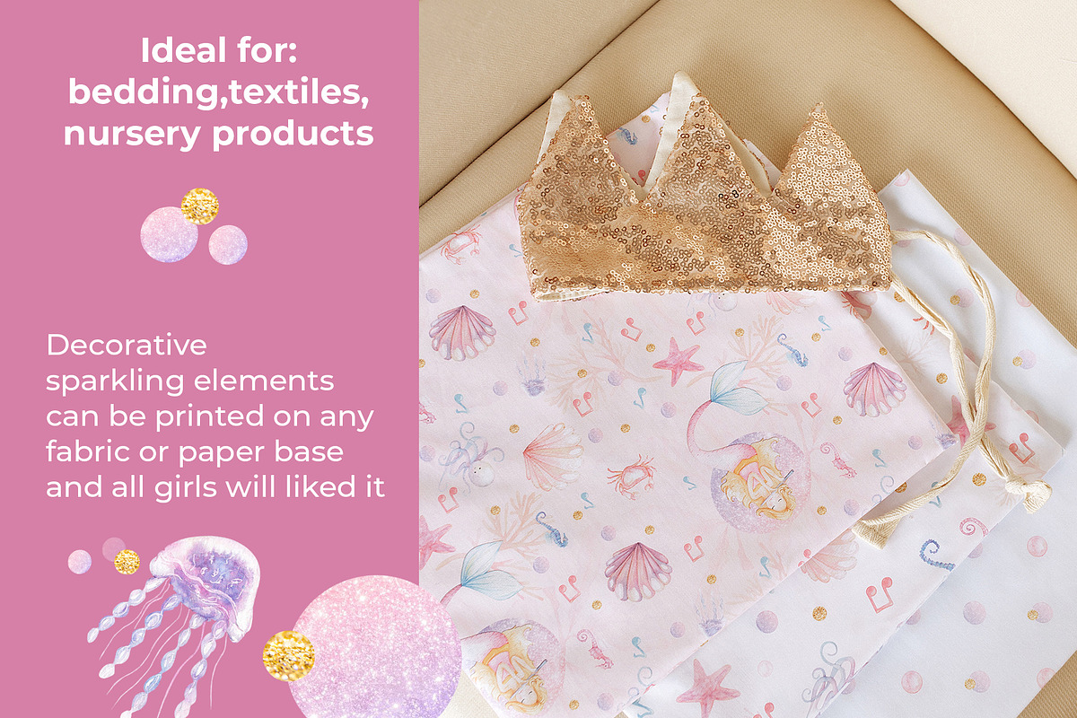 Mermaid watercolor pattern set, an Animal Illustration by WatercolorElena (Photo 6 of 11)