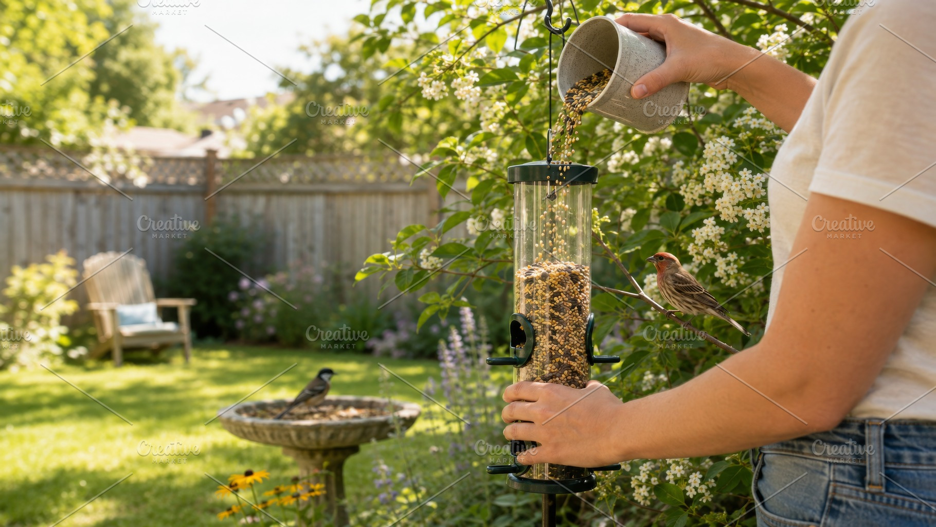 Birdwatching in garden with woman fe, a Photo by Dvoevnore photos