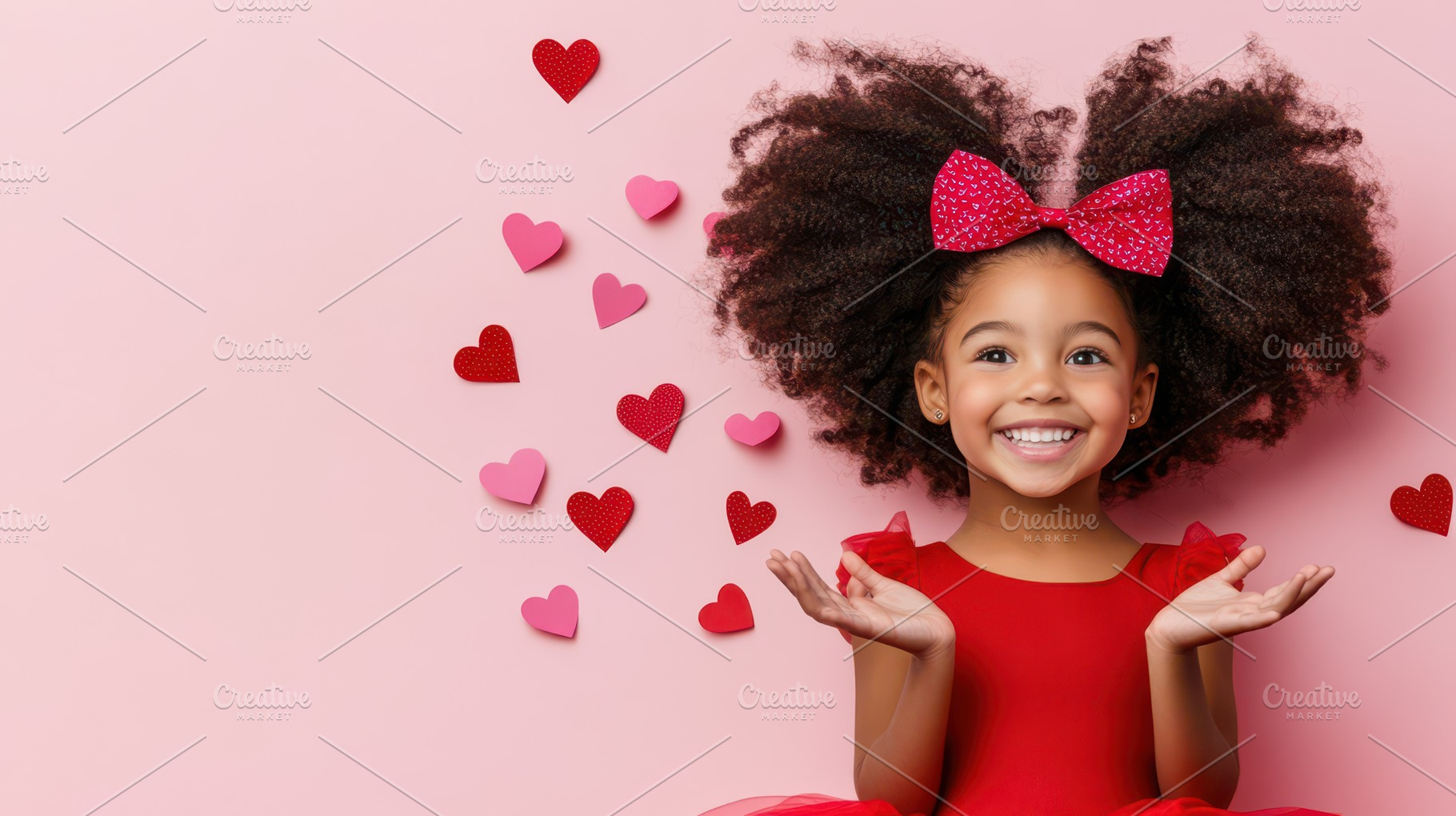 Smiling young girl in a red dress with a bow and heart-shaped decorations, set, a Person Photo by Mashimara