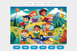 Children reading books on a school b, a Graphic by SaroStock