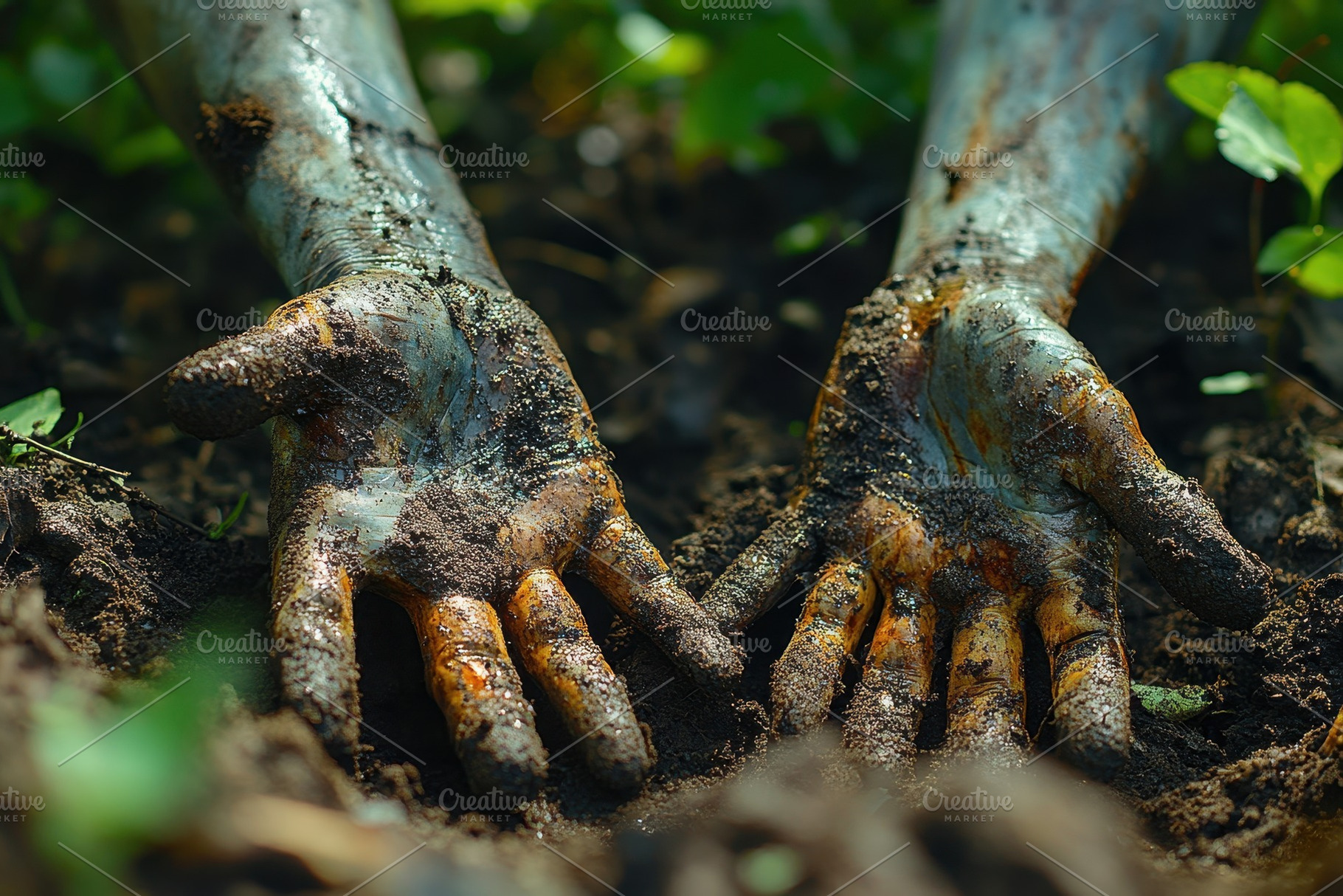 Hands covered in soil during gardeni, a Photo by Tanuart