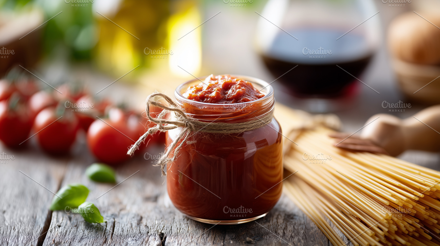 Rustic jar of homemade tomato pasta, a Food & Drink Photo by MistyDay