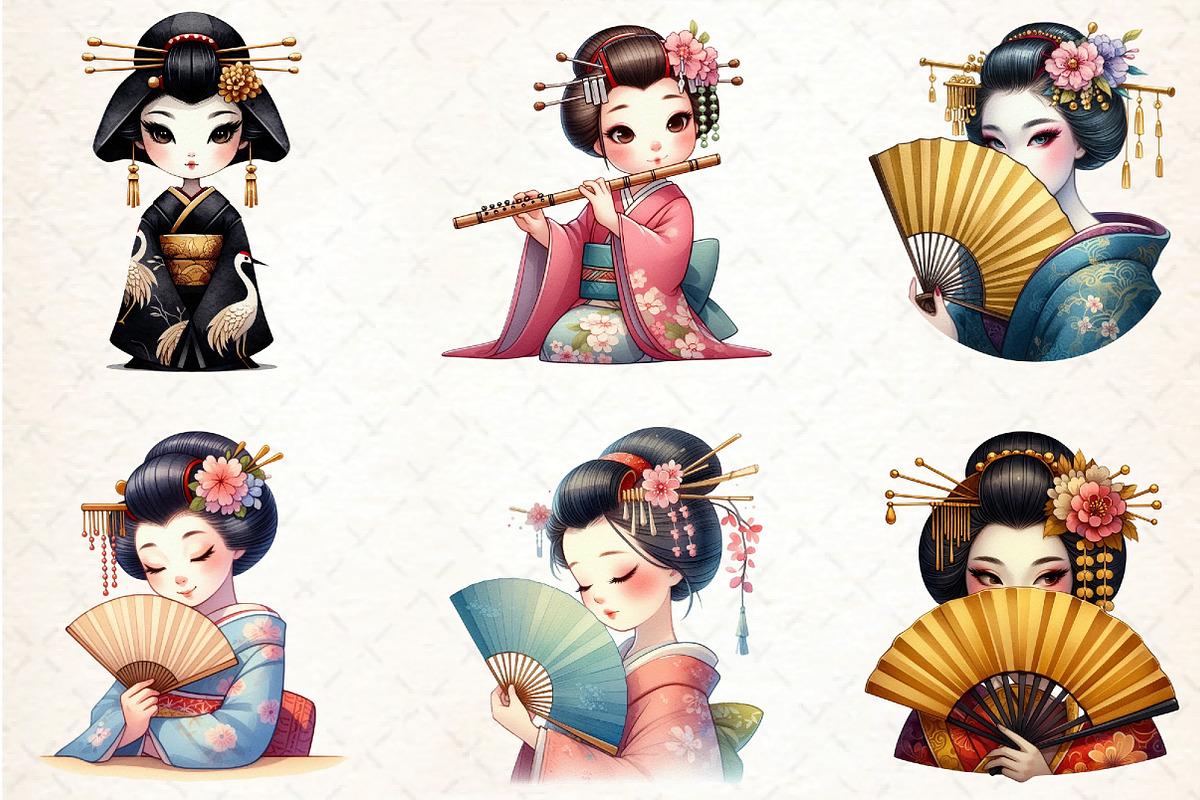 Japanese Geisha Watercolor PNG Bundl, an Illustration by DreamCafeArt (Photo 3 of 7)