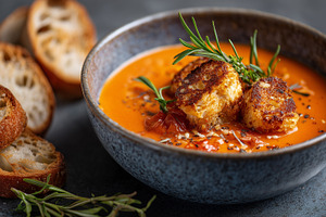 Creamy tomato soup with crispy, a Food & Drink Photo by MistyDay
