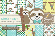 Sloth Boy Digital Paper & Clipart, a Pattern Graphic by JennyL Designs (Thumbnail 1 of 4)