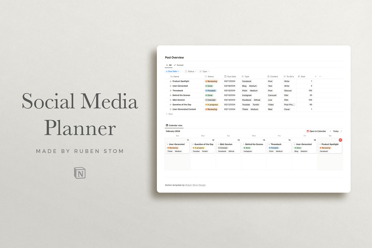 Notion Social Media Planner, a Social Media Template by Ruben Stom (Photo 1 of 7)