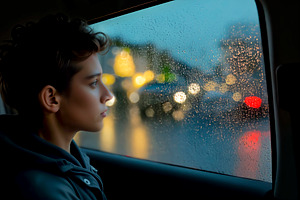 Young man looking out car window, a Photo by rarrarorro