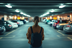 Tourist explores underground parking, a Photo by Pavel_design