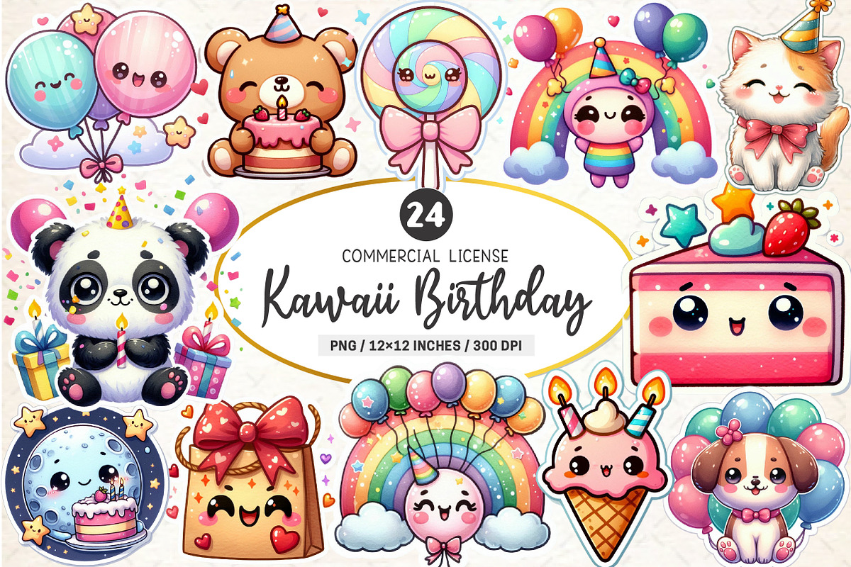 Kawaii Birthday Clipart Bundle, an Illustration by SinaCreation (Photo 1 of 5)