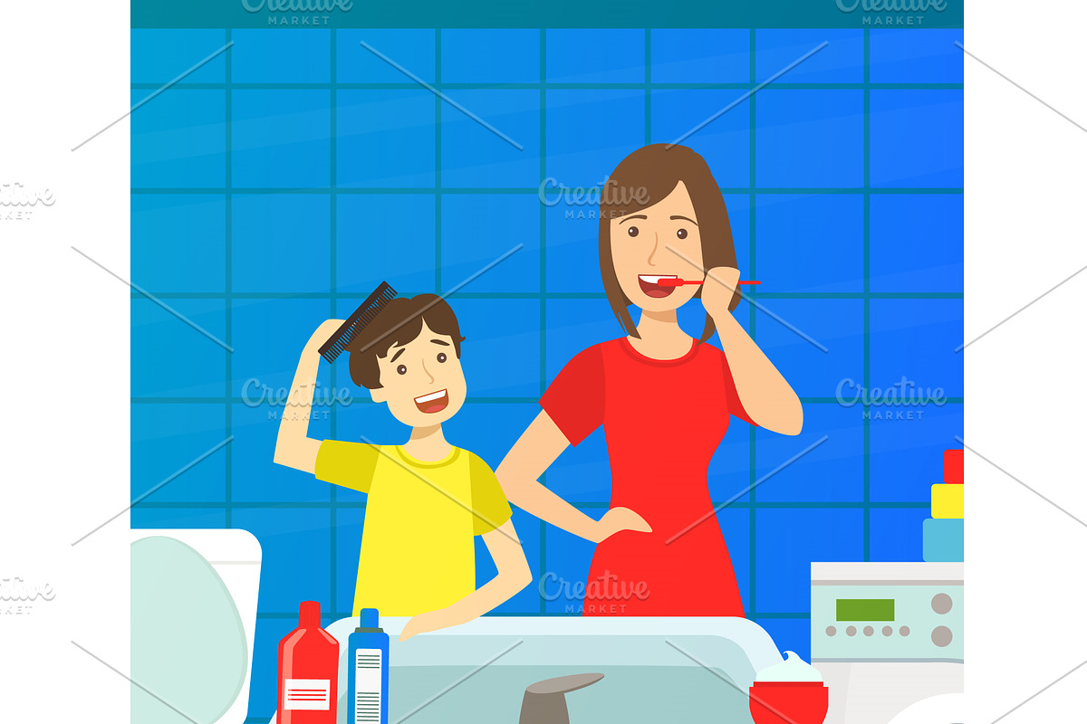 Mother Teaching Son to Clean Teeth, a Person Illustration by TopVectors
