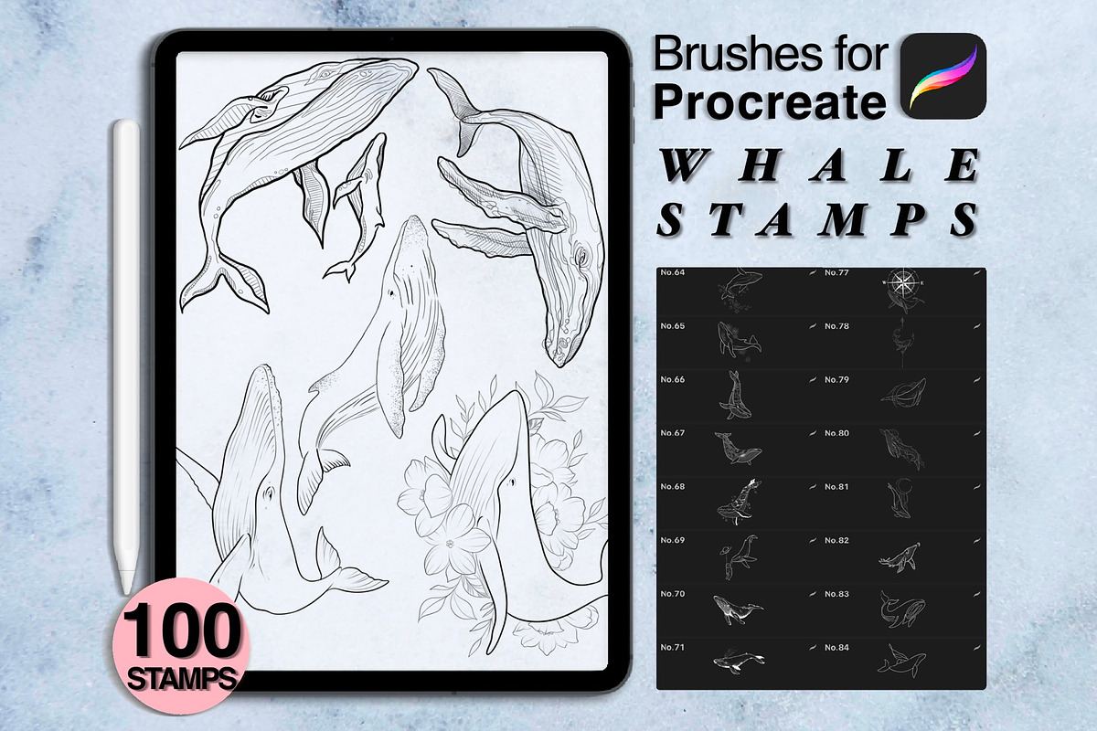 100 procreate whale stamps, a Brush Add-On by Arts For Peace (Photo 2 of 9)