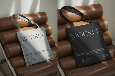 Tote Bag on Brown Chair Mockup PSD, a Merchandise Mockup by Feel This