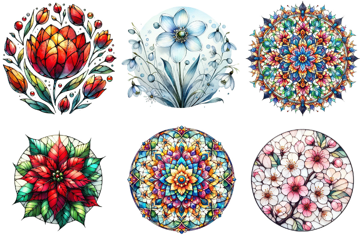 Round Stained Glass Flowers Clipart, an Illustration by DreamArtGraphic (Photo 2 of 4)