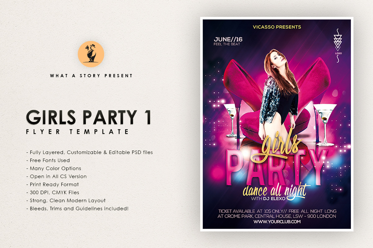 Girls Party 1, a Flyer Template by What a Story | Creative Market