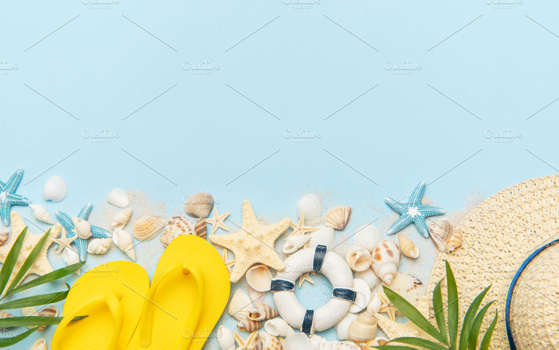 Summer beach vibes with shells and starfish decor, a Holiday Photo by Olena Rudo